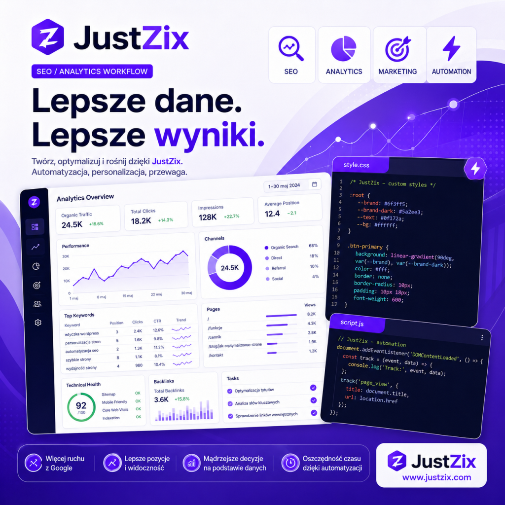 JustZix jako narzędzie dla SEO, analityki i marketingu do poprawy paneli oraz automatyzacji pracy.
