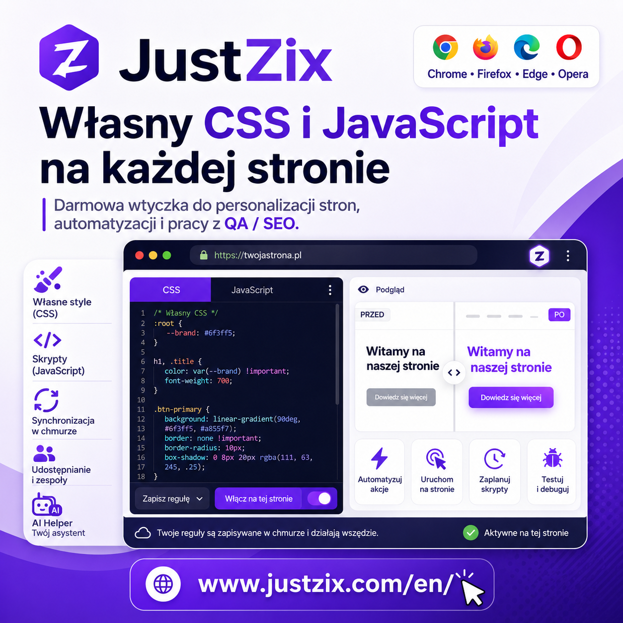 JustZix — darmowa wtyczka do własnego CSS i JavaScriptu na każdej stronie internetowej