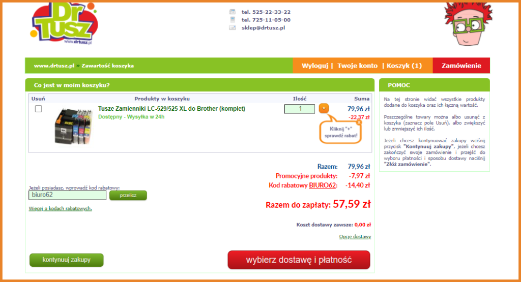 screenshot ze strony DrTusz.pl ukazujący działanie rabatu ilościowego