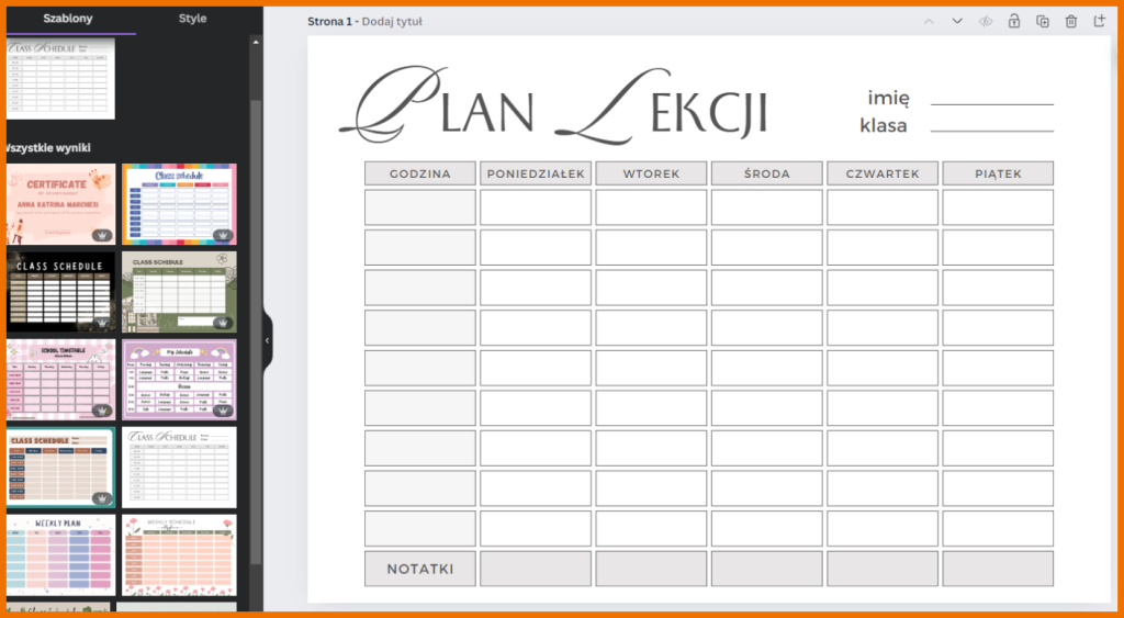 plan lekcji do edycji