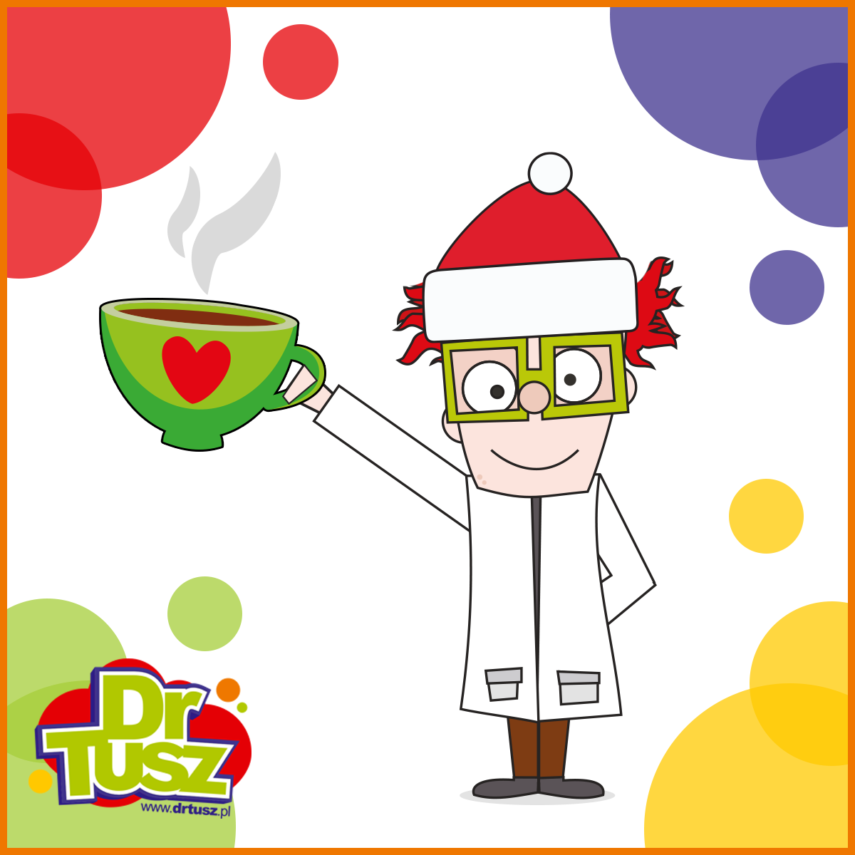 grafika maskotka DrTusza w czapce Mikołaja trzyma kubek gorącej herbaty