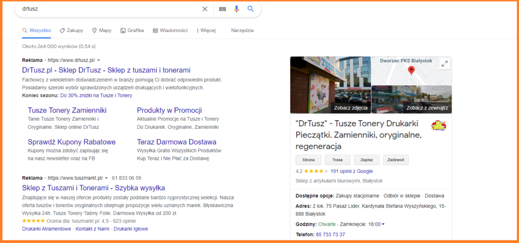 Opinie o DrTusz.pl - wizytówka Google