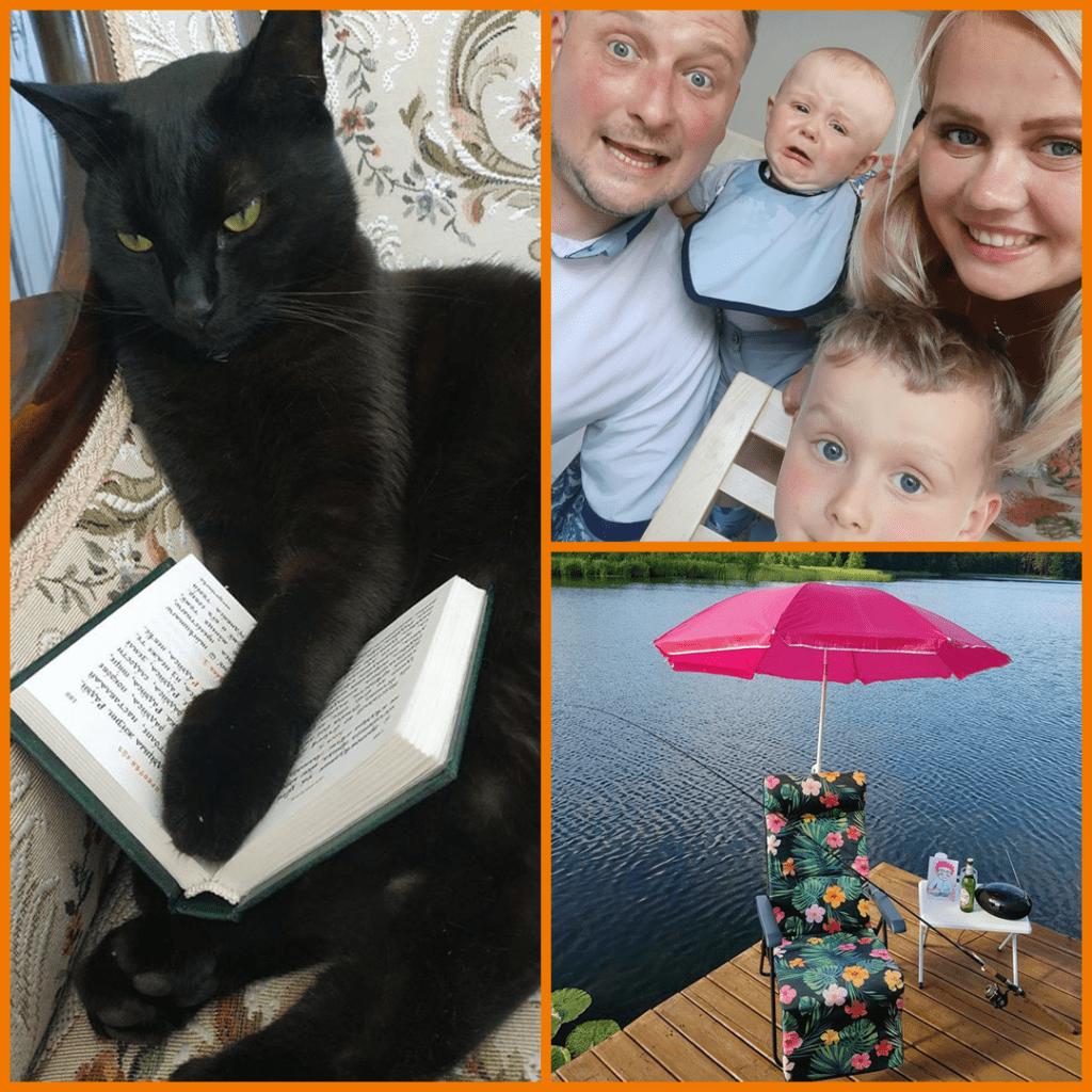 Zdjęcia konkursowe: kot z książką, rodzina i leżak z parasolem nad wodą.