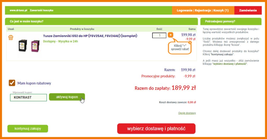 screenshot ze strony drtusz.pl z kuponem rabatowym w koszyku