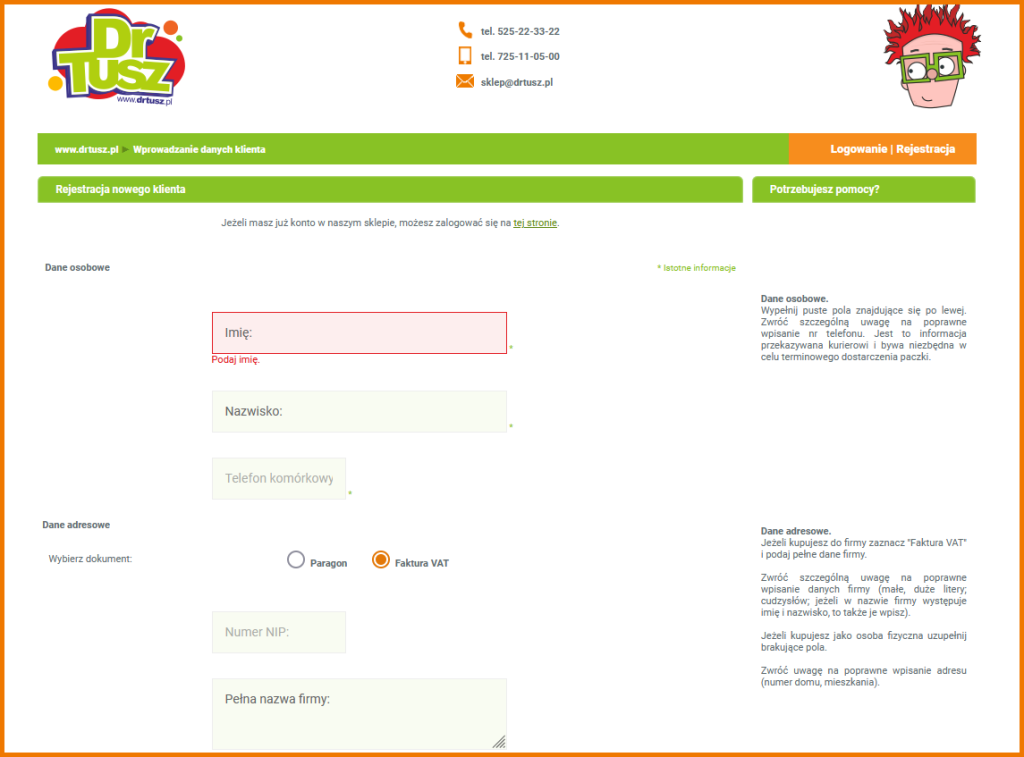 screenshot z procesu rejestracji w DrTusz.pl