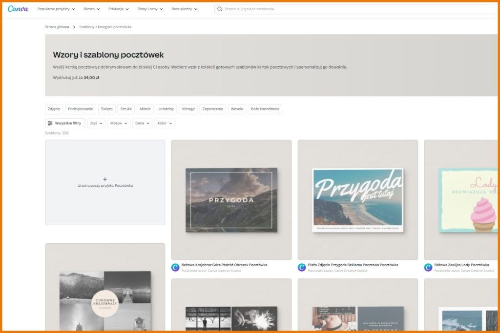 Canva i druk pocztówek z szablonów. 
