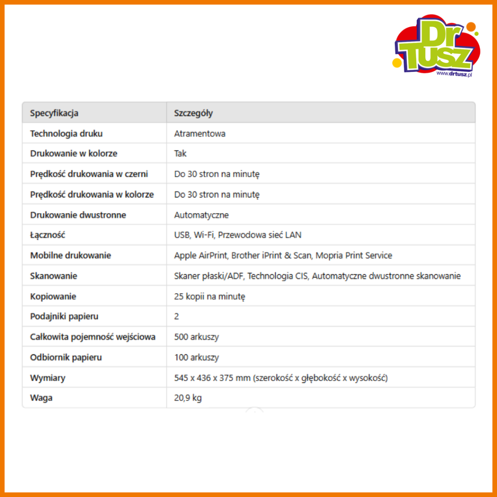 Specyfikacja drukarki Brother MFC-J5955DW